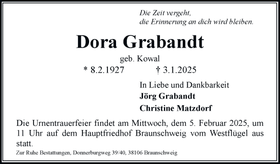Traueranzeige von Dora Grabandt 