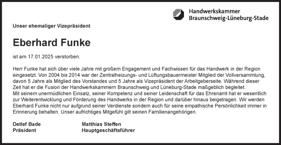 Traueranzeige von Eberhard Funke 