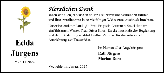 Traueranzeige von Edda Jürgens von Peiner Nachrichten