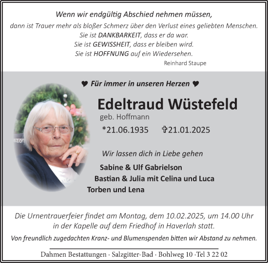 Traueranzeige von Edeltraud Wüstefeld von Salzgitter-Zeitung