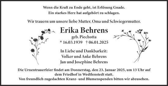 Traueranzeige von Erika Behrens von Peiner Nachrichten