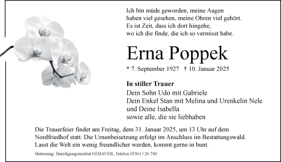 Traueranzeige von Erna Poppek 