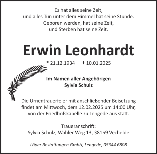 Traueranzeige von Erwin Leonhardt von Peiner Nachrichten