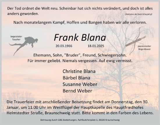 Traueranzeige von Frank Blana 
