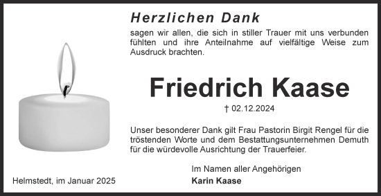 Traueranzeige von Friedrich Kaase von Helmstedter Nachrichten