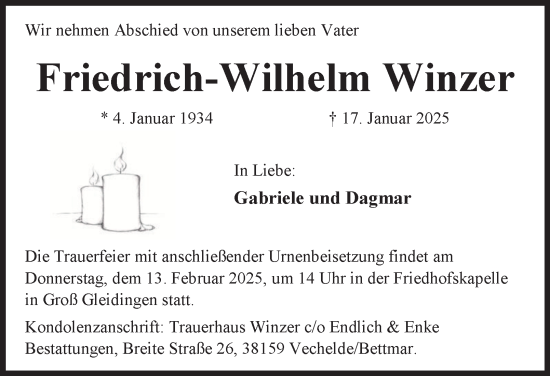 Traueranzeige von Friedrich-Wilhelm Winzer 