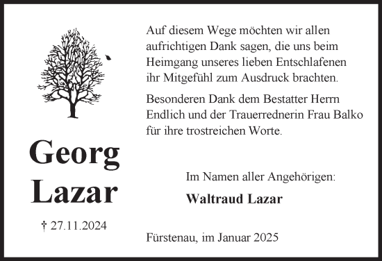 Traueranzeige von Georg Lazar von Peiner Nachrichten