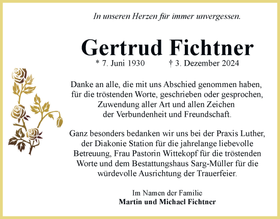 Traueranzeige von Gertrud Fichtner 