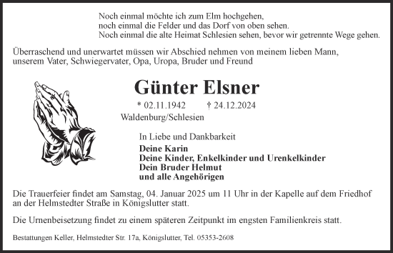 Traueranzeige von Günter Elsner von Helmstedter Nachrichten