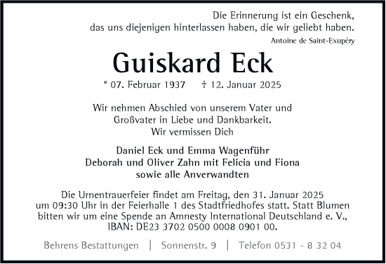 Traueranzeige von Guiskard Eck 