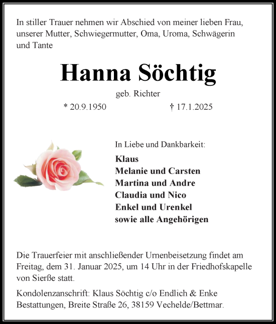 Traueranzeige von Hanna Söchtig von Peiner Nachrichten