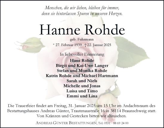 Traueranzeige von Hanne Rohde von Salzgitter-Zeitung