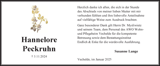 Traueranzeige von Hannelore Peckruhn von Peiner Nachrichten