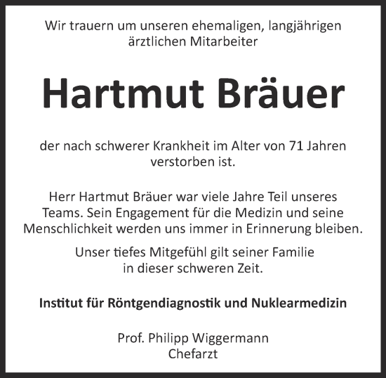 Traueranzeige von Hartmut Bräuer 