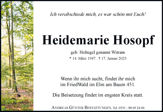 Traueranzeige von Heidemarie Hosopf 