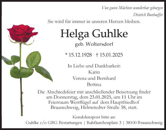 Traueranzeige von Helga Guhlke 
