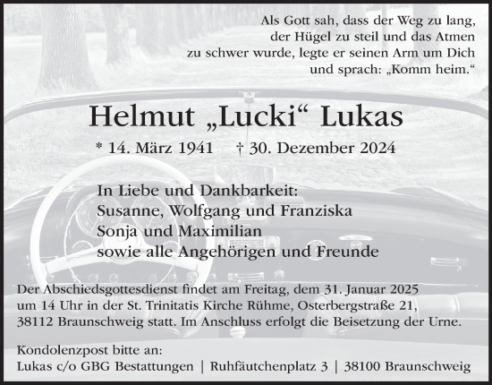 Traueranzeige von Helmut Lukas 