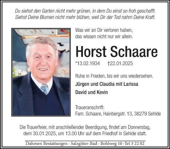 Traueranzeige von Horst Schaare von Salzgitter-Zeitung