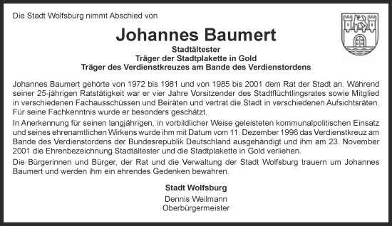 Traueranzeige von Johannes Baumert 