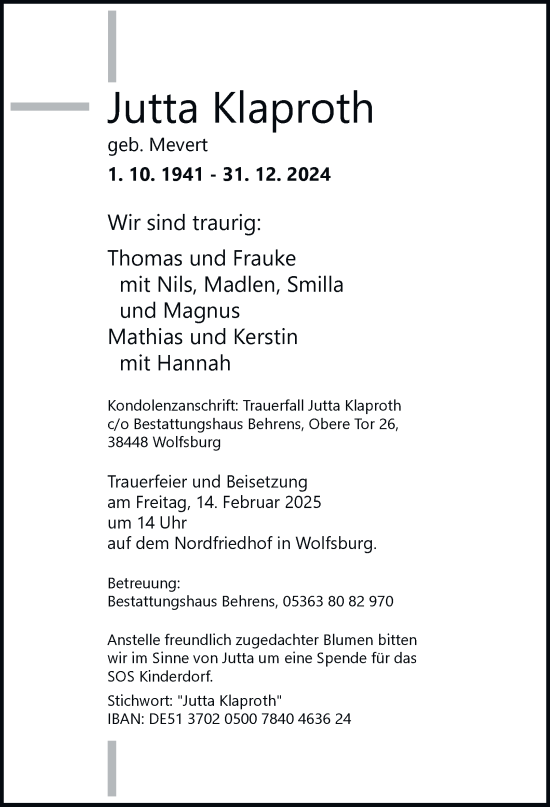 Traueranzeige von Jutta Klaproth 