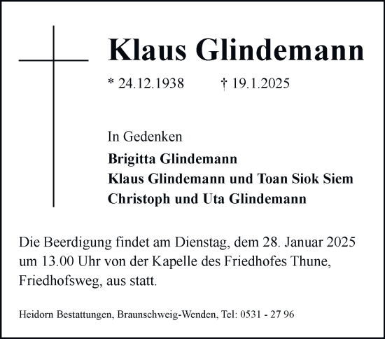 Traueranzeige von Klaus Glindemann 
