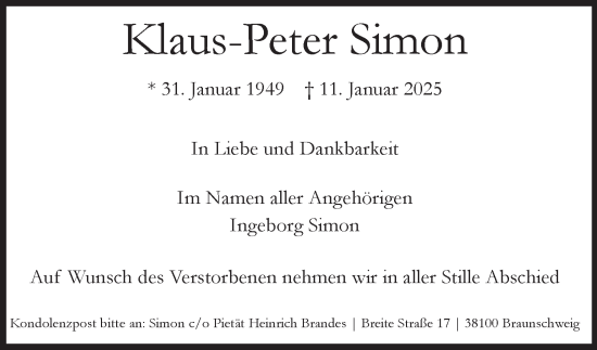 Traueranzeige von Klaus-Peter Simon 