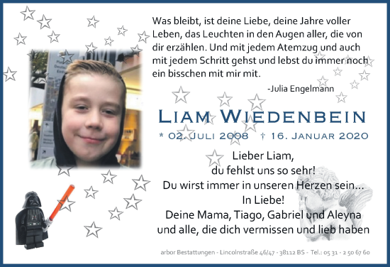 Traueranzeige von Liam Wiedenbein 