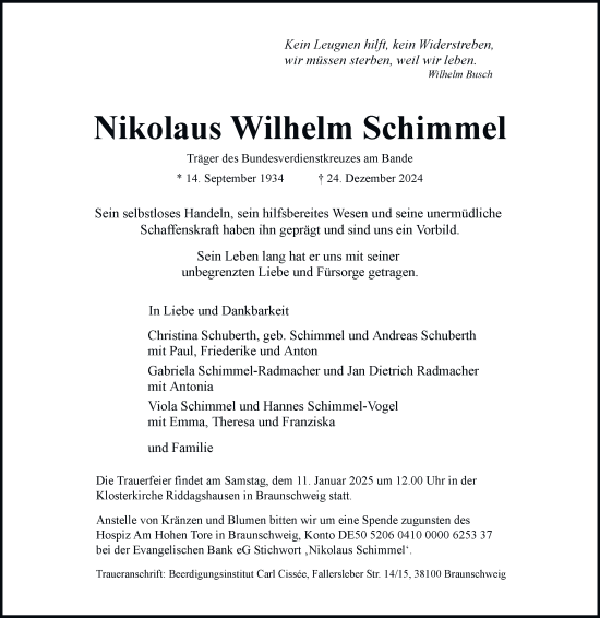Traueranzeige von Nikolaus Wilhelm Schimmel 