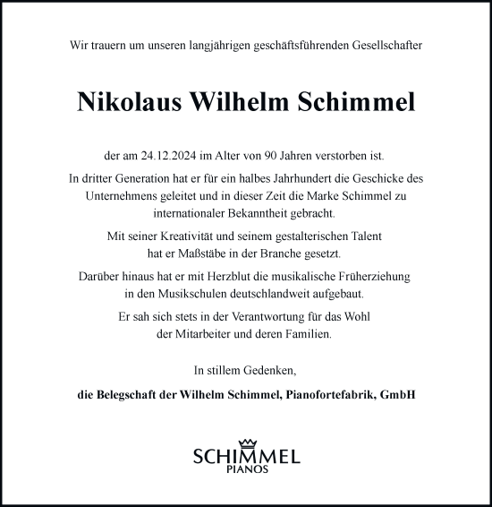Traueranzeige von Nikolaus Wilhelm Schimmel 
