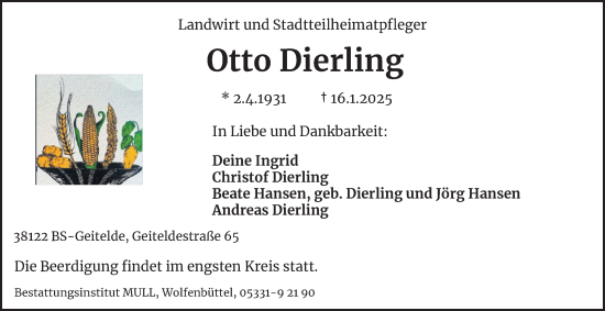 Traueranzeige von Otto Dierling von Salzgitter-Zeitung