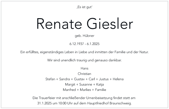 Traueranzeige von Renate Giesler 