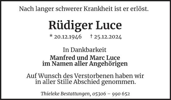 Traueranzeige von Rüdiger Luce 