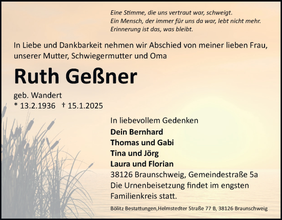 Traueranzeige von Ruth Geßner 