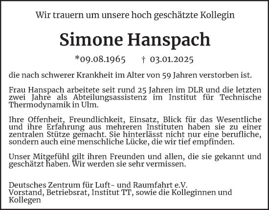 Traueranzeige von Simone Hanspach 