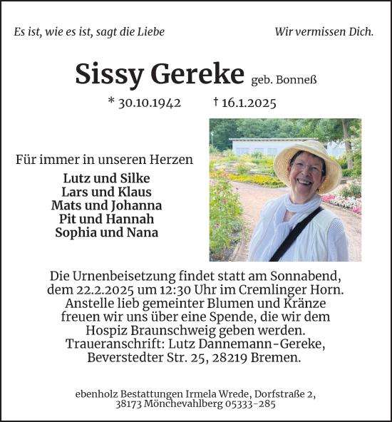 Traueranzeige von Sissy Gereke 