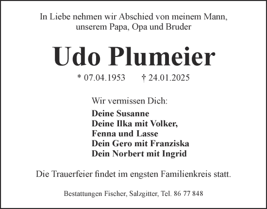 Traueranzeige von Udo Plumeier von Salzgitter-Zeitung