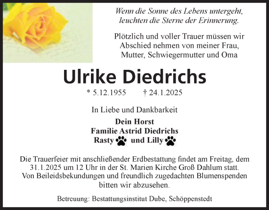 Traueranzeige von Ulrike Diedrichs von Wolfenbütteler Zeitung