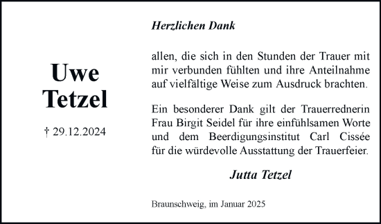 Traueranzeige von Uwe Tetzel 