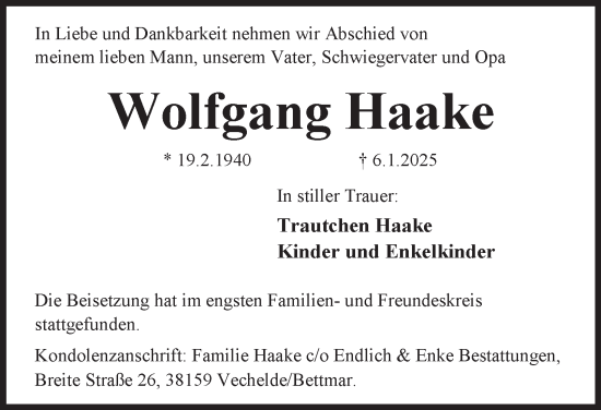 Traueranzeige von Wolfgang Haake 