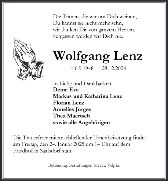 Traueranzeige von Wolfgang Lenz von Helmstedter Nachrichten