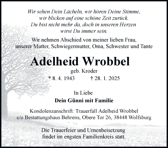 Traueranzeige von Adelheid Wrobbel 