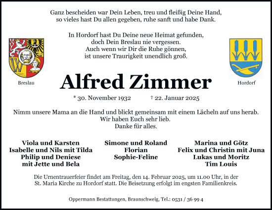 Traueranzeige von Alfred Zimmer 