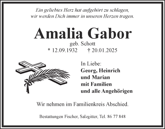 Traueranzeige von Amalia Gabor von Neue Braunschweiger am Samstag