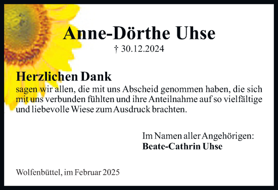 Traueranzeige von Anne-Dörthe Uhse von Wolfenbütteler Zeitung