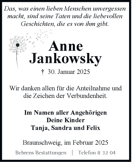 Traueranzeige von Anne Jankowsky 