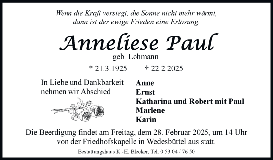 Traueranzeige von Anneliese Paul 