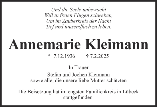 Traueranzeige von Annemarie Kleimann 