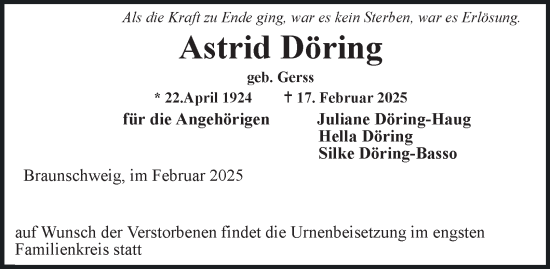 Traueranzeige von Astrid Döring 