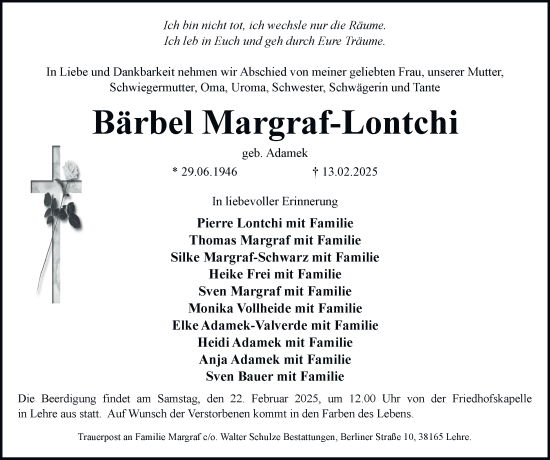 Traueranzeige von Bärbel Margraf-Lontchi 