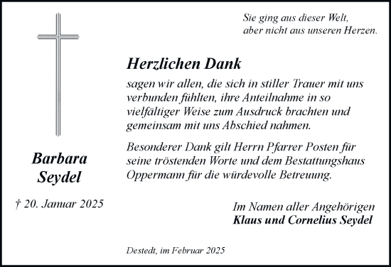 Traueranzeige von Barbara Seydel von Wolfenbütteler Zeitung